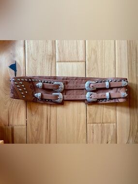 Double D Ranch Tan Leather Double-Buckle Studded Western Belt